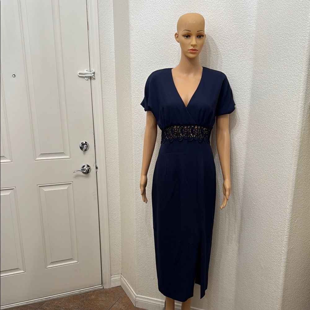 Datiani Navy Blue Midi Sheath Dress Sz 8 VNeck Crotchet Waist Short Sleeve